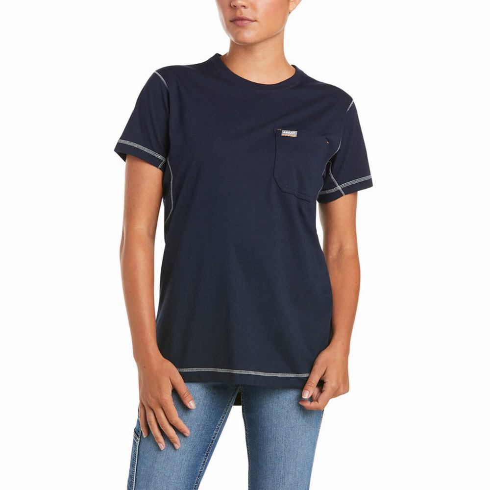 Navy Women\'s Ariat Rebar Woman Camo Flag Short Sleeve | 7296-YALTV