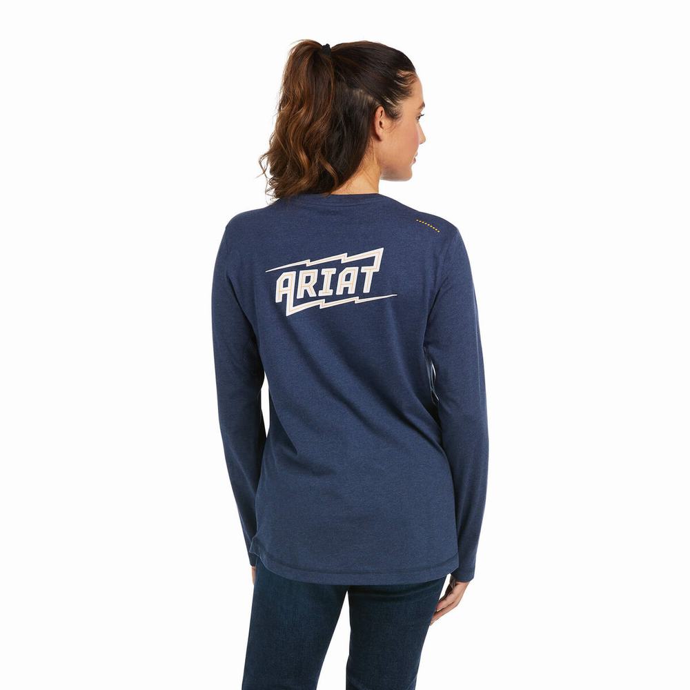 Navy Women\'s Ariat Rebar Workman High Voltage T Shirts | 3560-XIULH