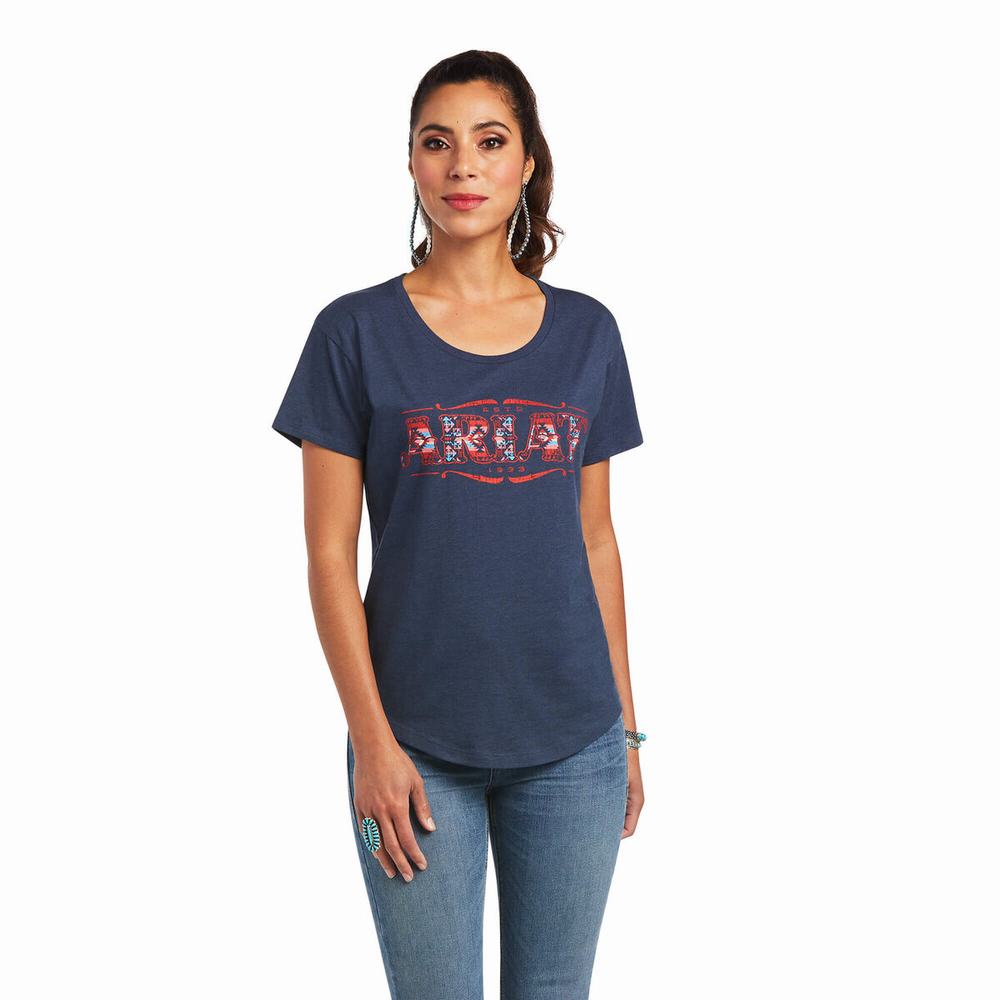 Navy Women\'s Ariat Sonora Logo Tops | 6089-ASNOC