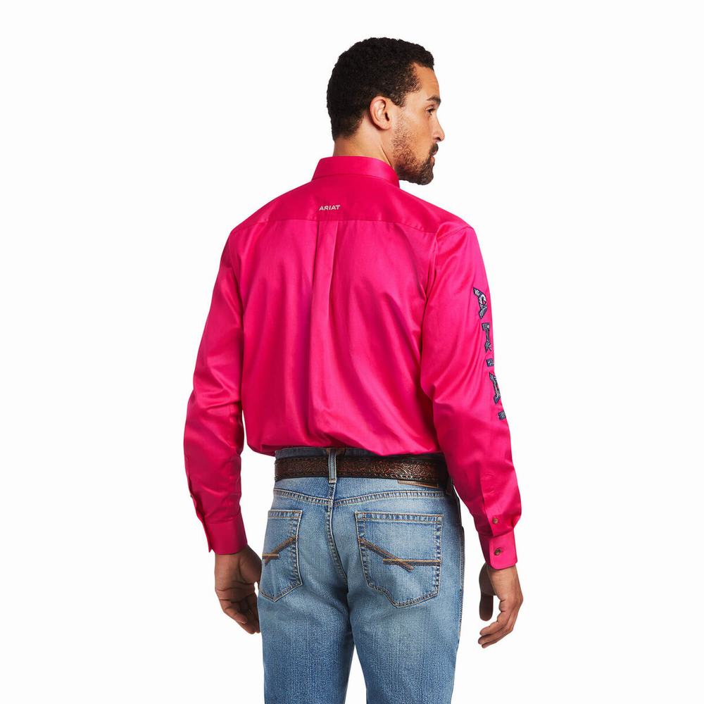 Pink Men's Ariat Team Logo Twill Classic Fit Shirts | 9472-KZXLH