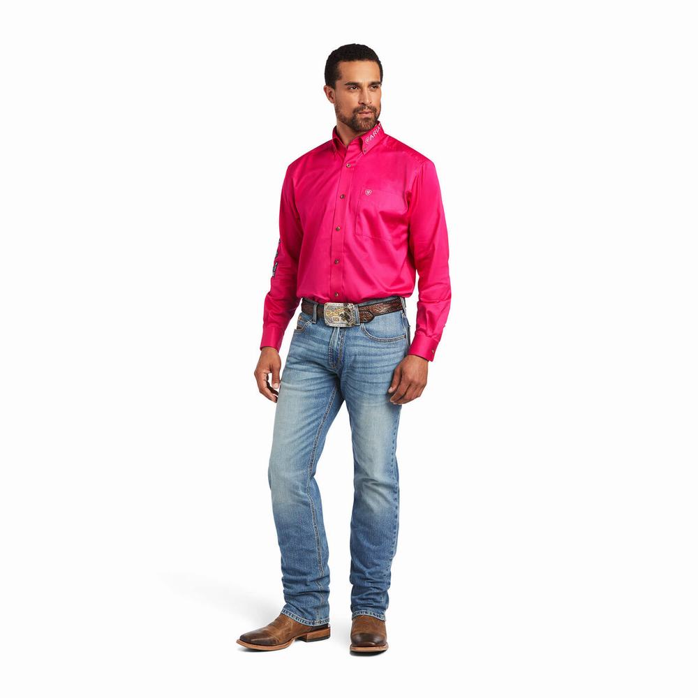 Pink Men's Ariat Team Logo Twill Classic Fit Shirts | 9472-KZXLH