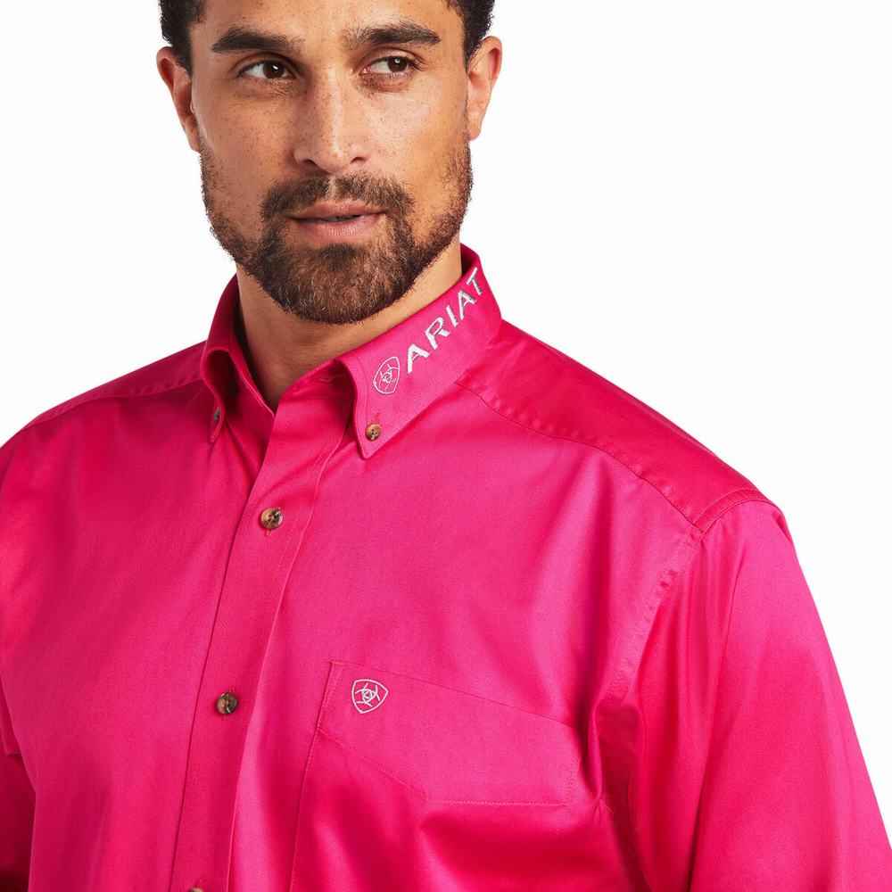 Pink Men's Ariat Team Logo Twill Classic Fit Shirts | 9472-KZXLH