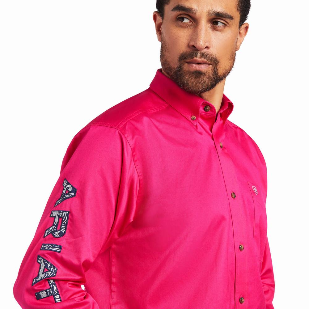 Pink Men's Ariat Team Logo Twill Classic Fit Shirts | 9472-KZXLH