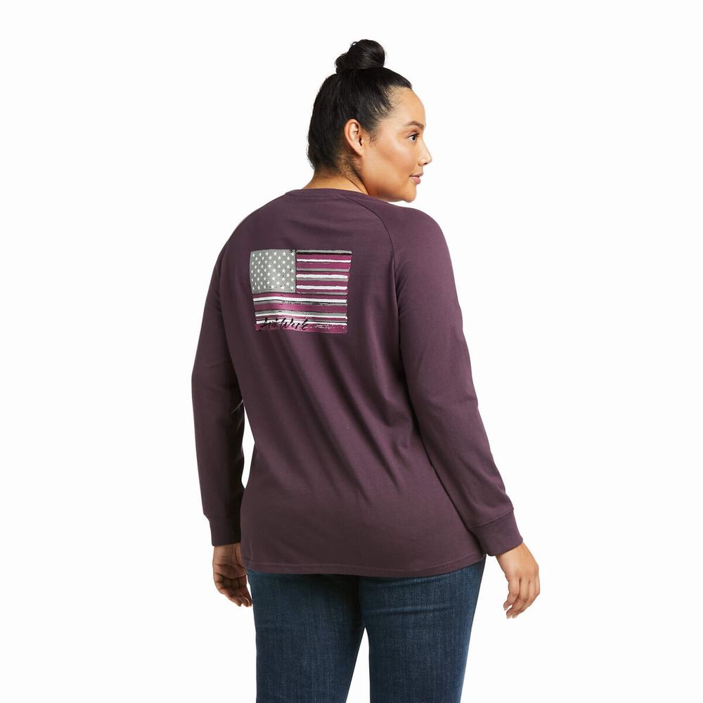 Purple Women's Ariat Rebar CottonStrong Brand Flag T Shirts | 4150-EGPYQ