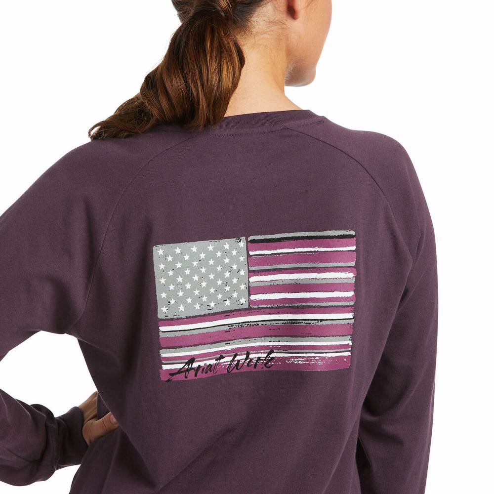 Purple Women's Ariat Rebar CottonStrong Brand Flag T Shirts | 4150-EGPYQ