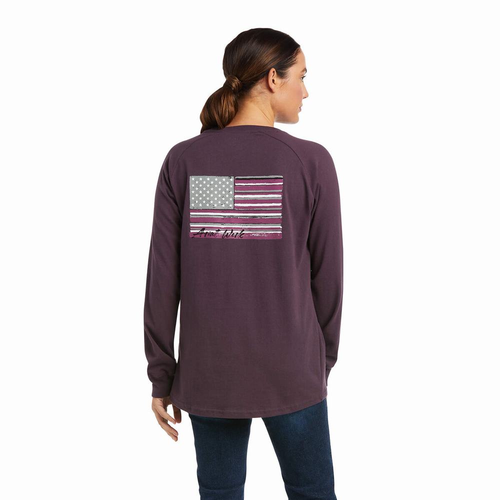 Purple Women\'s Ariat Rebar CottonStrong Brand Flag T Shirts | 4150-EGPYQ