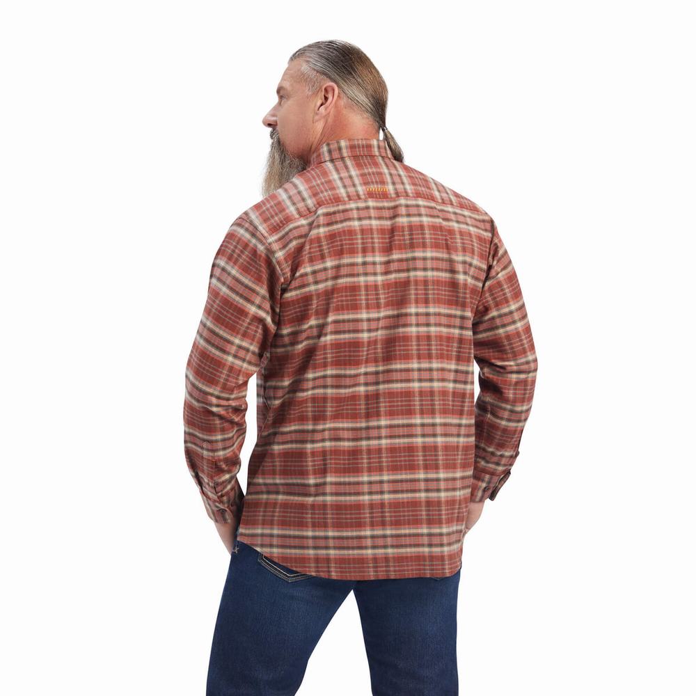 Red Men's Ariat Rebar Flannel DuraStretch Shirts | 3471-HNBUW