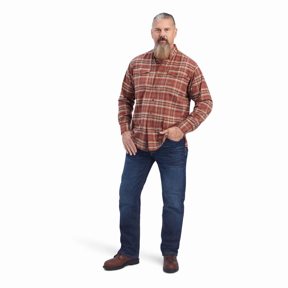 Red Men's Ariat Rebar Flannel DuraStretch Shirts | 3471-HNBUW