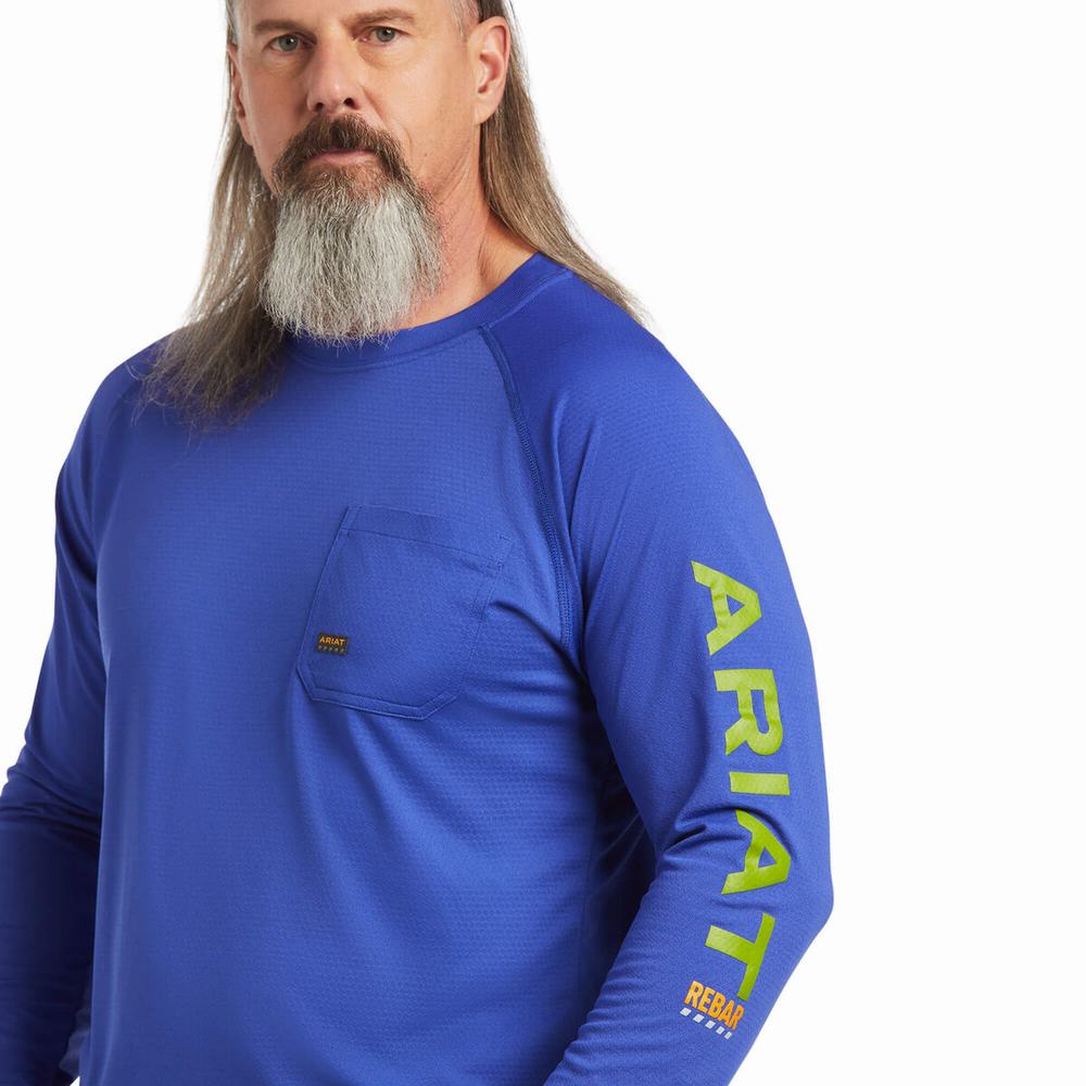 Royal Blue Men's Ariat Rebar Heat Fighter T Shirts | 3058-MVPFX