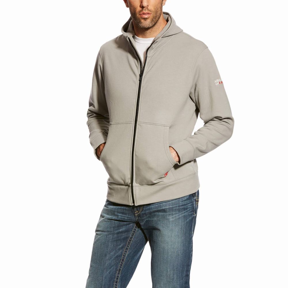 Silver Men\'s Ariat FR DuraStretch Full Zip Hoodies | 6209-GYBHV