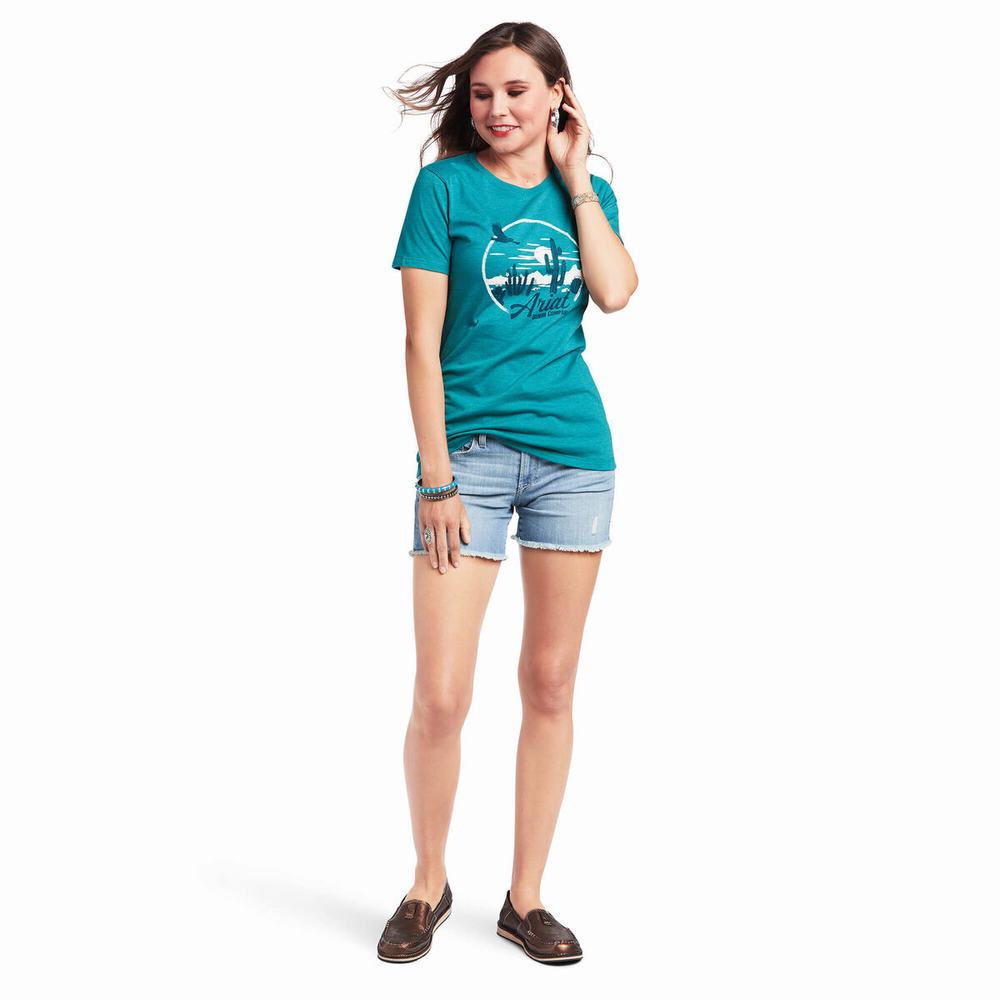 Turquoise Green Women's Ariat Opuntia SS Tops | 1456-PSLRJ