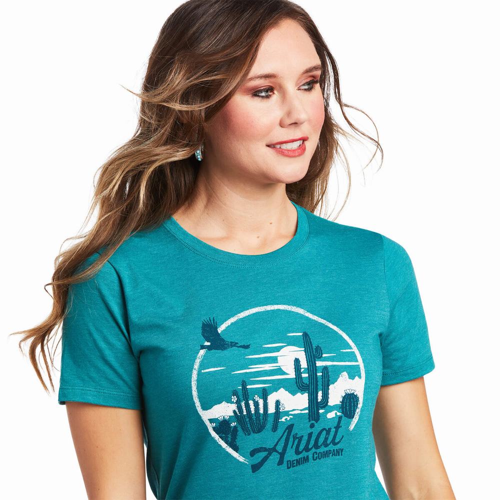 Turquoise Green Women's Ariat Opuntia SS Tops | 1456-PSLRJ