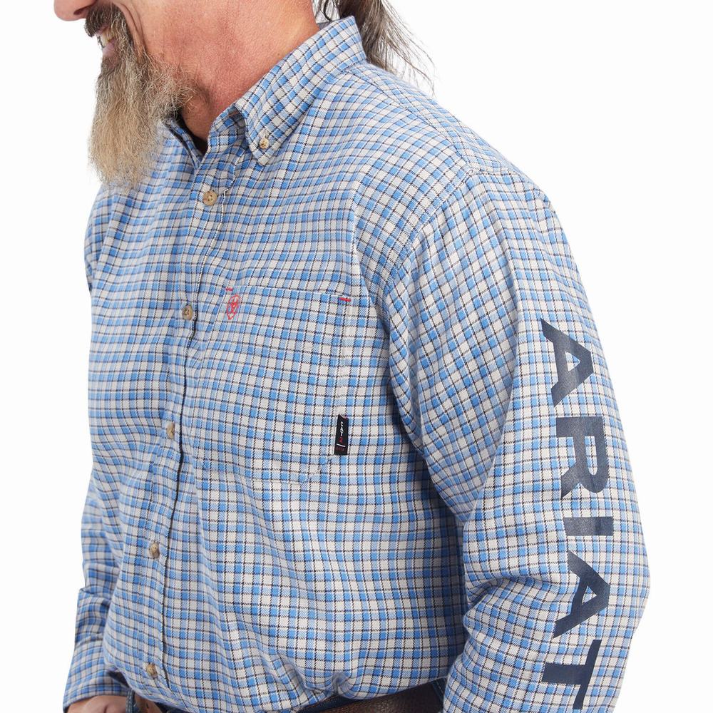 Turquoise Men's Ariat FR Cunningham Logo Shirts | 9657-HUSYQ