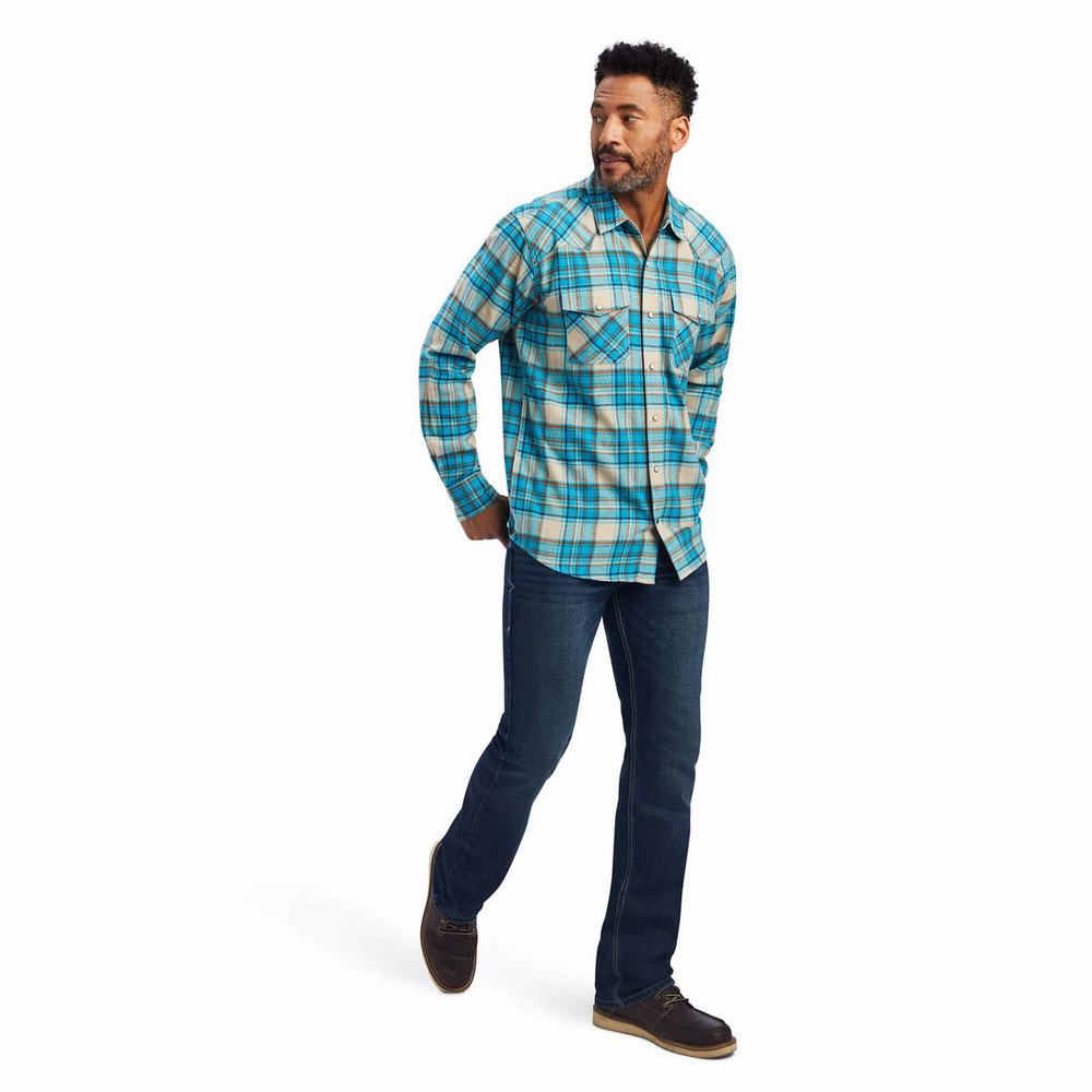 Turquoise Men's Ariat Handley Retro Fit Shirts | 9801-CFYKB