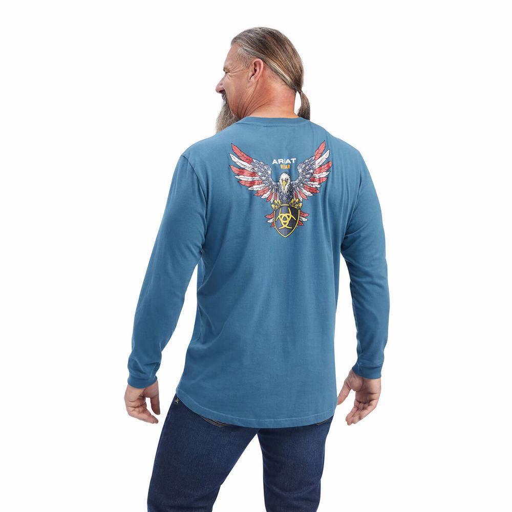 Turquoise Men's Ariat Rebar Cotton Strong American Raptor T Shirts | 9260-OYNUH