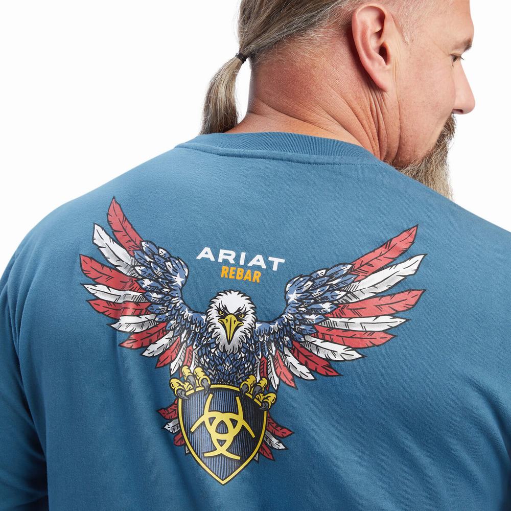 Turquoise Men's Ariat Rebar Cotton Strong American Raptor T Shirts | 9260-OYNUH