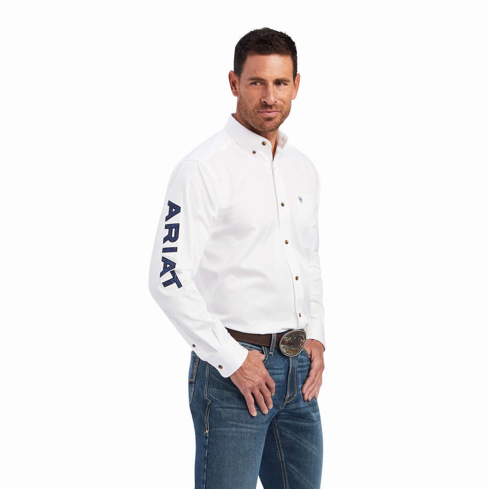 White Blue Men\'s Ariat Team Logo Twill Classic Fit Shirts | 7153-FTMYE