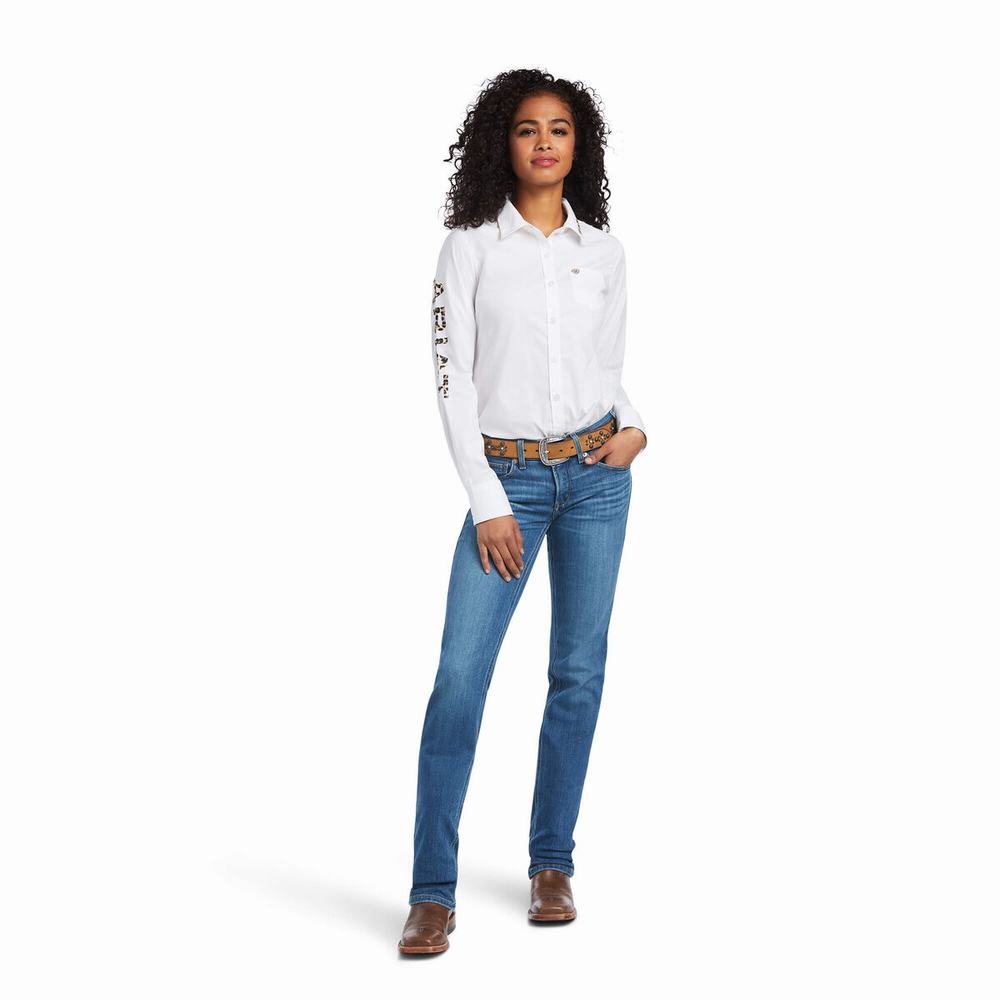 White Leopard Women's Ariat Team Kirby Stretch Tops | 7420-GDOYX