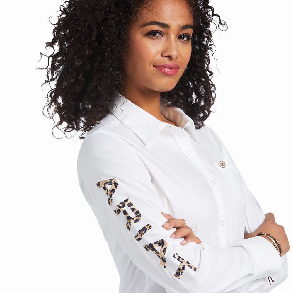 White Leopard Women's Ariat Team Kirby Stretch Tops | 7420-GDOYX