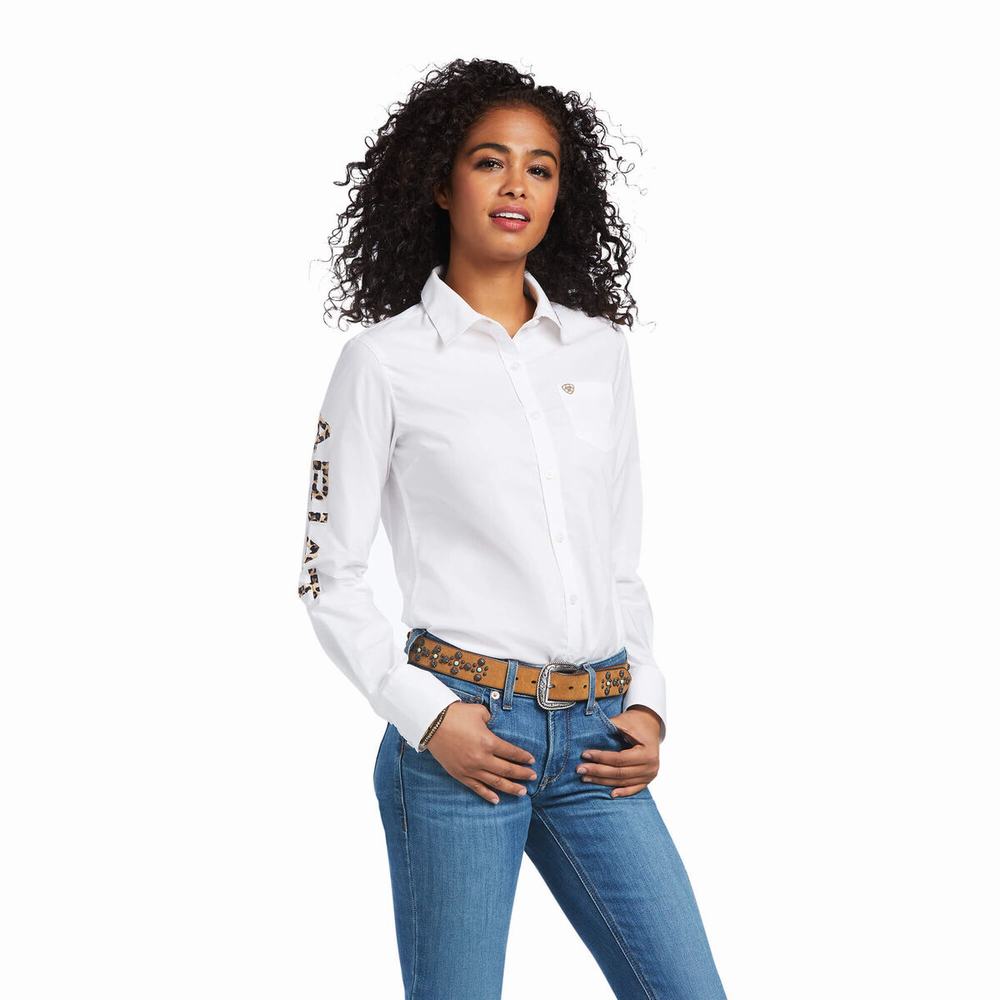 White Leopard Women\'s Ariat Team Kirby Stretch Tops | 7420-GDOYX