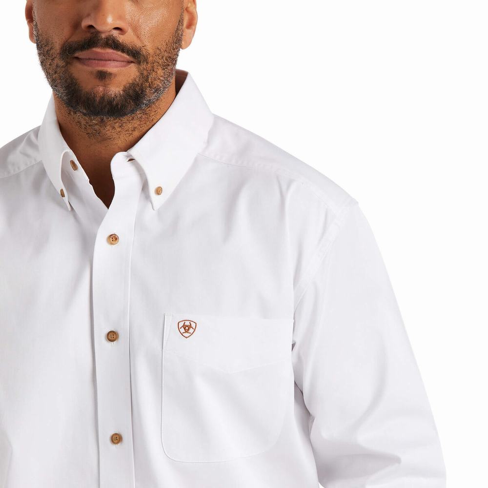 White Men's Ariat Solid Twill Classic Fit Shirts | 6931-QBWOI