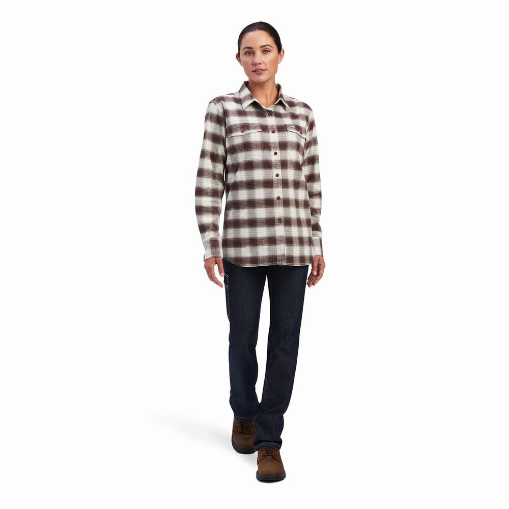 White Women's Ariat Rebar Flannel DuraStretch Shirts | 1823-OZLRT