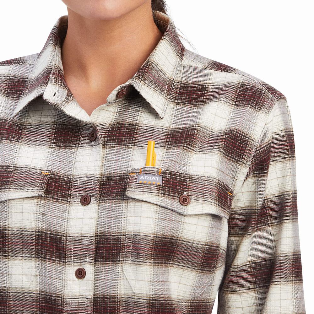 White Women's Ariat Rebar Flannel DuraStretch Shirts | 1823-OZLRT