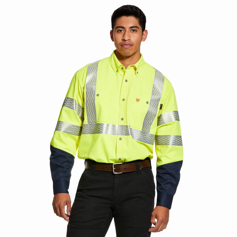 Yellow Men\'s Ariat FR Hi-Vis Shirts | 0983-LBUOP